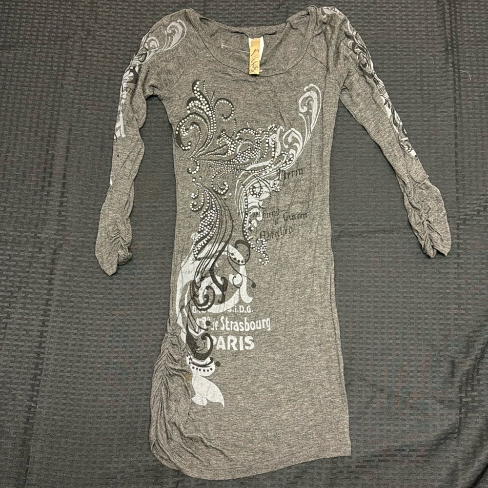 Gray Embellished Long Sleeve Graphic Tee
